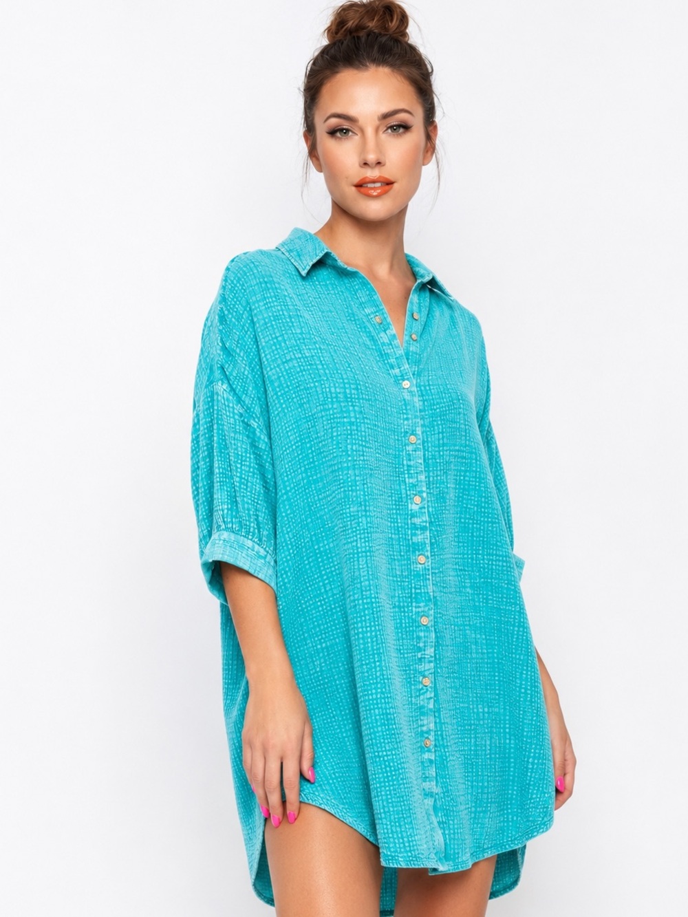 Relaxed Teal Button-Down Shirt Dress for Women- NWT
